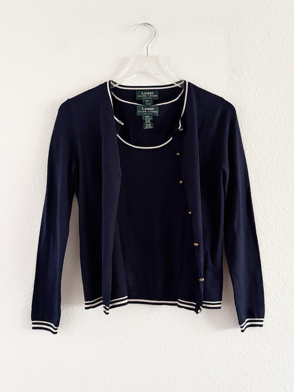 Lauren Ralph Lauren Navy Silk Knit Button 2 Piece Cardigan with Stripe Trim